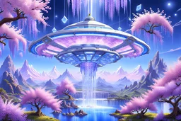 the luxurious gigantic space station of crystal in space, space mothership in the sky, lightening luminous blue crystal architecture, UFOs, blue waterfalls in the background, blue, white, or pink mountains, willow, wisteria, sakura trees, flowers, lights, 8k, super detailed, cinematic, pink, blue or parma light beams, stars, high definition, concept art, sharp focus