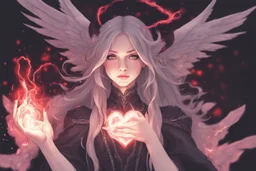 Wizard girl with a heart bleed in her hands, half demon and half angel, sparks around, macro photography,