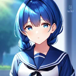 girl, masterpiece, best quality, volumetric lighting, detailed outfit, perfect eyes, blue hair, blue eyes, school outfit, braided ponytail,