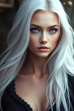 A beautiful human woman with purple eyes and long flowing white hair