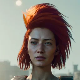 A beautiful portrait of a cyberpunk woman with lot's of grain on her skin red head with hair flying in the wind cyborg smiling facing camera orange color scheme, high key lighting, volumetric light high details with white stripes and feathers unreal 5, octane render, cinema4d, dynamic lighting, dramatic lighting, 4k, redshift render, highly detailed, hyper realistic