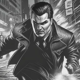 Sincity comic, siberian comunist, a vampire running. Closeup.