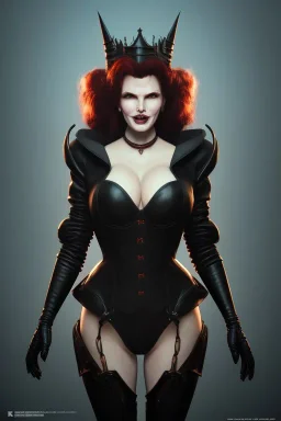 Geena Davis as evil queen in black leather, leather, busty, cleavage, angry, rage, stern look. character design by cory loftis, fenghua zhong, ryohei hase, ismail inceoglu and ruan jia. unreal engine 5, artistic lighting, highly detailed, photorealistic, fantasy