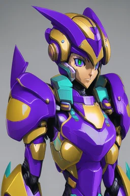 One Genderless Cyborg made of metal, has a human like face with a really long violet ponytail, the armor is similar to Omega from Megaman. The color palatte of the armour is deep purple and yellow. They are not wearing a Helmet, and have Turquoise colured eyes.