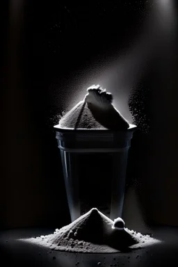 scoop of protein powder, view from the front, dark studio setting, black background