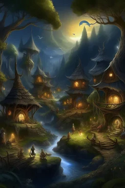 an enchanting fantasy digital painting depicting an elven village with woodland creatures, wizards, and magic visual effects portrayed in JRR Tolkien style.