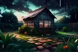 Vector. Illustration. realistic, Digital painting. english small greenhouse in vegetable garden, storm weather, dark sky, hail stones falling from sky, broken glass on ground