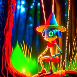 portrait of a cute pinochio chat robot swinging in a rope in an underground grove, in the style of dali, 8k, down-light, soft light, depth of field, photo realism, trending on art station, high detail,