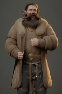 Medieval Fantasy Bearded strong man wearing a thick fur-lined merchant's coat, wearing gold rings, divine, halo, happy smiling, portrait, high definition, realistic, long hair, dynamic lighting, volumetric lighting, mustache