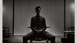 في الصورة، يظهر رجل جالس على كرسي في غرفة مظلمة. وجهه غير واضح، لكن يمكن رؤية عينيه مغمضتين. الرجل يرتدي ملابس سوداء، ويبدو أنه في حالة من الهدوء والتأمل.