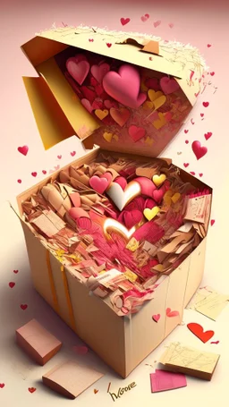 Open box stuffed with love letters, hearts, love explosion, art, drawing, very realistic, detailed, vibrant colors.