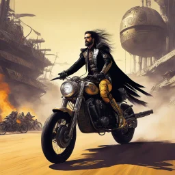 Moliere's Sganarelle, with his traditional attire riding furiously through the stage (sci-fi concept design, cyberpunk style motorcycle, graffiti, rusty, at the Burning Man festival, H. R. Giger, Moebius style)