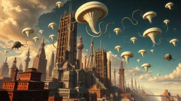 a stunningly weird image of a futuristic metropolis using Salvador Dali's paranoiac-critical method, where buildings and structures appear to melt into the skyline cityscape is filled with floating medusas and mad, twisted metal shapes that interact with the buildings and each other, forming a surreal tableau of a dreamlike reality. neu-steampunk vibe, essence of the scene in a cinematic manner, with dramatic shadows that enhance the distorted perspectives and bizarre mood