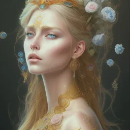 ultradetailed beautiful portrait painting of love Aphordite with long flowing blonde hair and sharp piercing gaze of blue eyes, alluring beauty, wearing jewels, roses, ultra ornate, gold leaf deatils, wearing white dress, by conrad roset, greg rutkowski and artgerm, trending on artstation