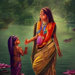 highly detailed indian lake with temple, indian woman in sari with children and lotus landscape with birds, jungle, sunset, illustration, cinematic lighting, 4k, 8k, octane render, digital concept art, trending on artstation, pinterest, extremely detailed, ambient lighting.