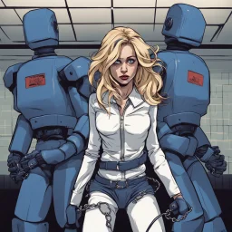 The anger of an detained attractive woman with wavy blond hair with handcuffs in a straitjacket fighting as she is dragged to her cell by two dark blue robots