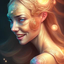 Portrait of woman, smiling, sango fantasy, fantasy magic, intricate, sharp focus, illustration, lot's of grain on the skin, tribal tatoos,highly detailed, digital painting, concept art, matte, masterpiece, one head, high key lighting, volumetric light high details psychedelic background