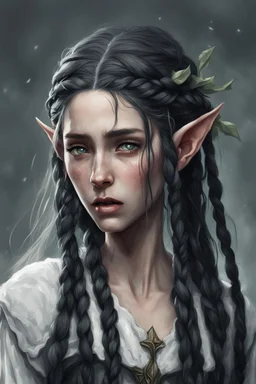 beautiful female elf of 20 years old, with long black braids, crying bitterly and desperately