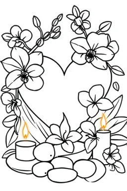 outline art for visually rich appealing heart in orchids plumeria rounded stones candles, ikebana style, coloring page for kids, white background, fit to page, only use outline, clean line art, no shadows, clear and well outlined