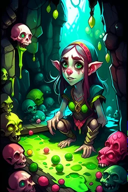 ((cute slimes)), ultra detailed illustration of a beautiful adult female elf, she is playing in a dungeon with ((slimes)), ((colorful slimes)), joy, art by MSchiffer, dark brown eyes, brunette, blushed, fangs, unzoom