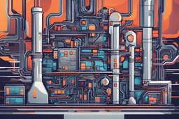 Abstract depiction of a futuristic factory, with connected elements like a computer chip. Make it colorful and stylised. Emphasis on complexity but make it clean and neat