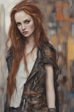 Tori Black style women eye candy Punk on the street,on display Gustav Klimt style subject is a beautiful long long ginger hair female oilpaint