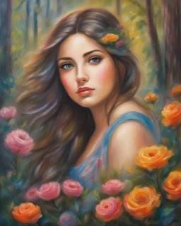 Oil pastel painting of a beautiful girl, fantasy, dream, forest, glitter background, beautiful, oil pastel painting, fantasy art, oil pastel very detailed, young girl, beautiful portrait painting, flowers, colorful, inspired by Thomas Kinkade, fine art, 8k