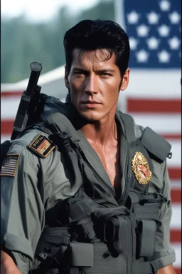 20-year-old, extremely muscular, short, buzz-cut, military-style haircut, pitch black hair, Paul Stanley/Elvis Presley/Keanu Reeves/Pierce Brosnan/Jon Bernthal/Sean Bean/Dolph Lundgren/Patrick Swayze/ hybrid, as the extremely muscular Superhero "SUPERSONIC" in an original patriotic red, white and blue, "Supersonic" suit with an America Flag Cape,