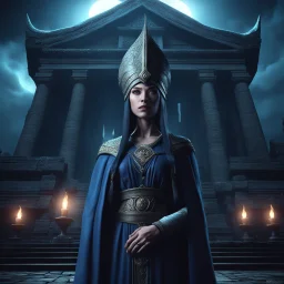 Portrait of a woman mage at night standing in front of a dark ancient temple only in moonlight:: eye_level perspective :: dark :: 3d shading, extreme detail, 4k, ultra hd, mist