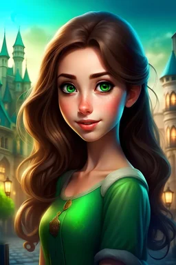 girl portraied as a disney character, disney developing style, disney main character with green eyes and dark brown hair, beautiful disney girl in a cityscape disney style background