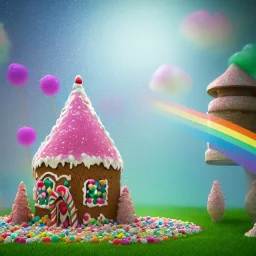 gingerbread house with gazebo, cotton candy trees, rainbow sprinkles, crushed rock candy as walls, gumdrops, frosting, 8k resolution, centered, high-quality, ultrafine-detail, digital art, flickering light, detailed matte, volumetric lighting, illustration, 3D octane render, brian froud, howard lyon, ben goossens, George Grie, greg rutowski, alphonse mucha