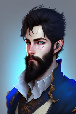 Black haired blue eyed freckled young male warlock in the style of aubrey beardsle