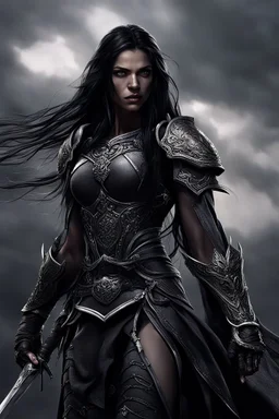 SA female elf with skin the color of storm clouds, deep grey, stands ready for battle. Her long black hair flows behind her like a shadow, while her eyes gleam with a fierce silver light. Despite the grim set of her mouth, there's a undeniable beauty in her fierce countenance. She's been in a fight, evidenced by the ragged state of her leather armor and the red cape that's seen better days, edges frayed and torn. In her hands, she grips two daggers, add dark shadow mystic purple flames