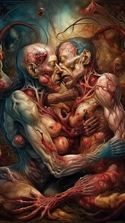 cinematic gore Bosch style photorealistic fleshy dmt lsd photo of 2 conjoined mangled embryonic bodies making love, 1 soul vortex, complementary, anatomically fragmented, ripped apart again being flayed, skinned alive. A beating heart, muscles, blood vessels, bowels, entrails are exposed. Visceral anatomy. physiology. Bosch and Dali inspired hallucinations. mythology. grotesque.