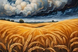 Create an abstract landscape painting of golden stems of wheat with the backdrop of a cloudy sky. Multiple vivid alcohol ink splashes and streams Modifiers: elegant intricate beautiful high detail fantastic view high definition James Jean Dark background Mark Ryden style very high definition dramatic composition glossy deep emboss