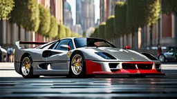 A sleekly designed (((Ferrari F40))), featuring contemporary styling elements reminiscent of modern supercars, with its signature aggressive contours and glossy finish, contrasting beautifully against a backdrop of a sunny, futuristic cityscape
