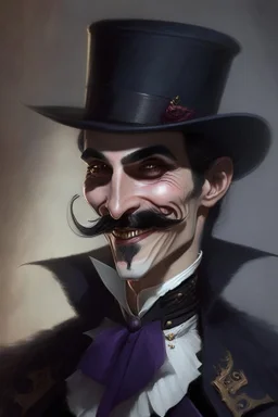 Strahd von Zarovich with a handlebar mustache and a top hat with a coy grin