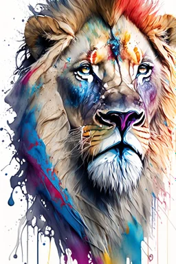 "lion", clean design, art station, splash of colorful paint, contour, ((solid white background)), gazing into camera, hyperdetailed intricately detailed, unreal engine, fantastical, cinema lighting, intricate detail, splash screen, complementary colors, fantasy concept art, 8k resolution, DeviantArt masterpiece, watercolor, paint dripping