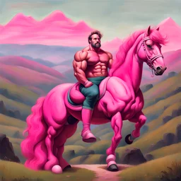 a big muscle man sitting on a pink horse in hills like a 19th painting