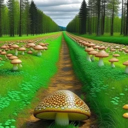 A yellowish green grassy road with mushrooms designed in Matryoshka dolls painted by Peter Carl Faberge