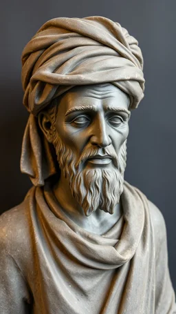 Ceramic style statue all colours are dark gray of an old church man from the 100 BC in it a whole body and the head of dead man with bold head and Arabic turbans hat