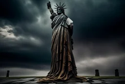 the statue of liberty, dress dirty and torn, her face solemn and terse, trash littered at her feet, she holds a crumpled american flag, she walks away with back turned under a dark and dreary sky, wide angle