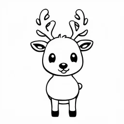 A black and white cute drawing of a Reindeer. Only outline, white background,for kids. The illustration should be in [SUPER SIMPLE], black and white, bold line art with a clear, mostly empty background. [INCLUDES ONLY OUTLINES WITH NO FILLED IN BLACK AREAS], ensuring no shading, no complex images, and making it very easy to color in between the lines.