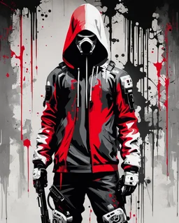 Banksy style. Full body. Vibrant and dynamic masterpiece of a hooded and gas masked killer Cyborg, his eyes are intense. Red, white and black colors, (((full body)))