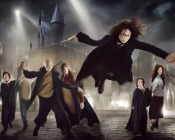 scene from harry potter and the order of the phoenix, dynamic lighting, dynamic movement, Sirius Black, Harry Potter, Remus Lupin, magic, 8k resolution, Voldemort, monochromatic, DSLR, panorama, complementary colours, splash of colour, hyperrealism, 8k resolution concept art, intricately detailed