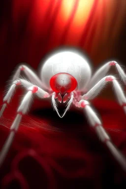 white spider big body, red eyes, red webs, cloudy red ambiance