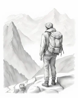 dream traveler man and woman with backpack in mountain background , full figure, side view, pencil sketch ,drawing, in white background