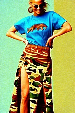 year 1996 denim fashion. Loose skirt, low waist. Combat t-shirt. Colors: denim blue, blue, purple, cream, khaki, light green, lilac, plum, orange, terracotta, red, light yellow, pink, dark blue, beige. Latex in small part. Something between camouflage and cheetah prints.. bridget jones and jennifer lopez