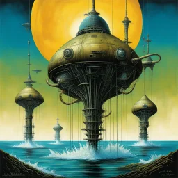 otherworldly flying alien water extraction derricks extracting water from the ocean, hydraulic pumps and tubes, ultra maximalism concept art, abstract surreal sci-fi, by Colin McCahon and Dan McPharlin and Brian Despain, by H.R. Giger, mind-bending illustration; sci-fi poster art, rich alien colors,