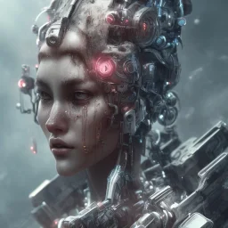 portrait closeup face crying half hitomi tanaka half cyborg middlecyborgs post-apocalypse in a cyberpunk city, sci-fi fantasy style, volumetric lighting, particales,highly detailed,cinamatic, intricate, deep colours,